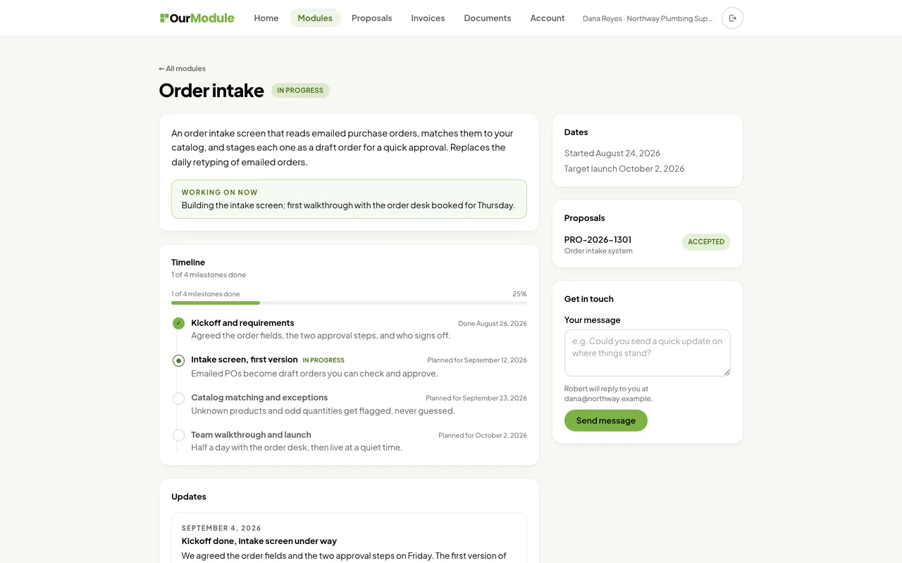 A customer's project dashboard in the OurModule portal: the module's status, what is being worked on, a milestone timeline with progress, and dated updates
